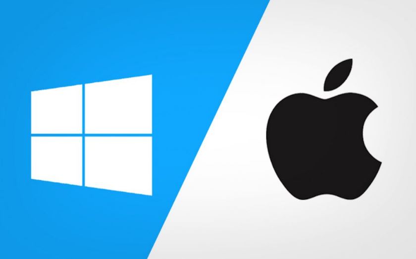 logos windows 10 et mac sur fond bleu et blanc